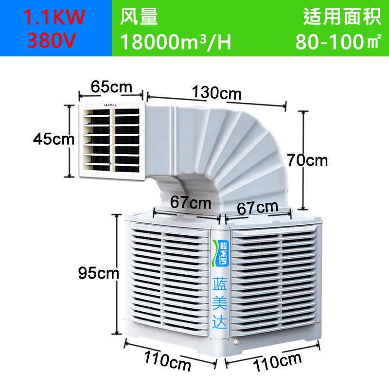 1.1kw 380V 冷风机 风量：1800³/h 适用面积：80-100m²